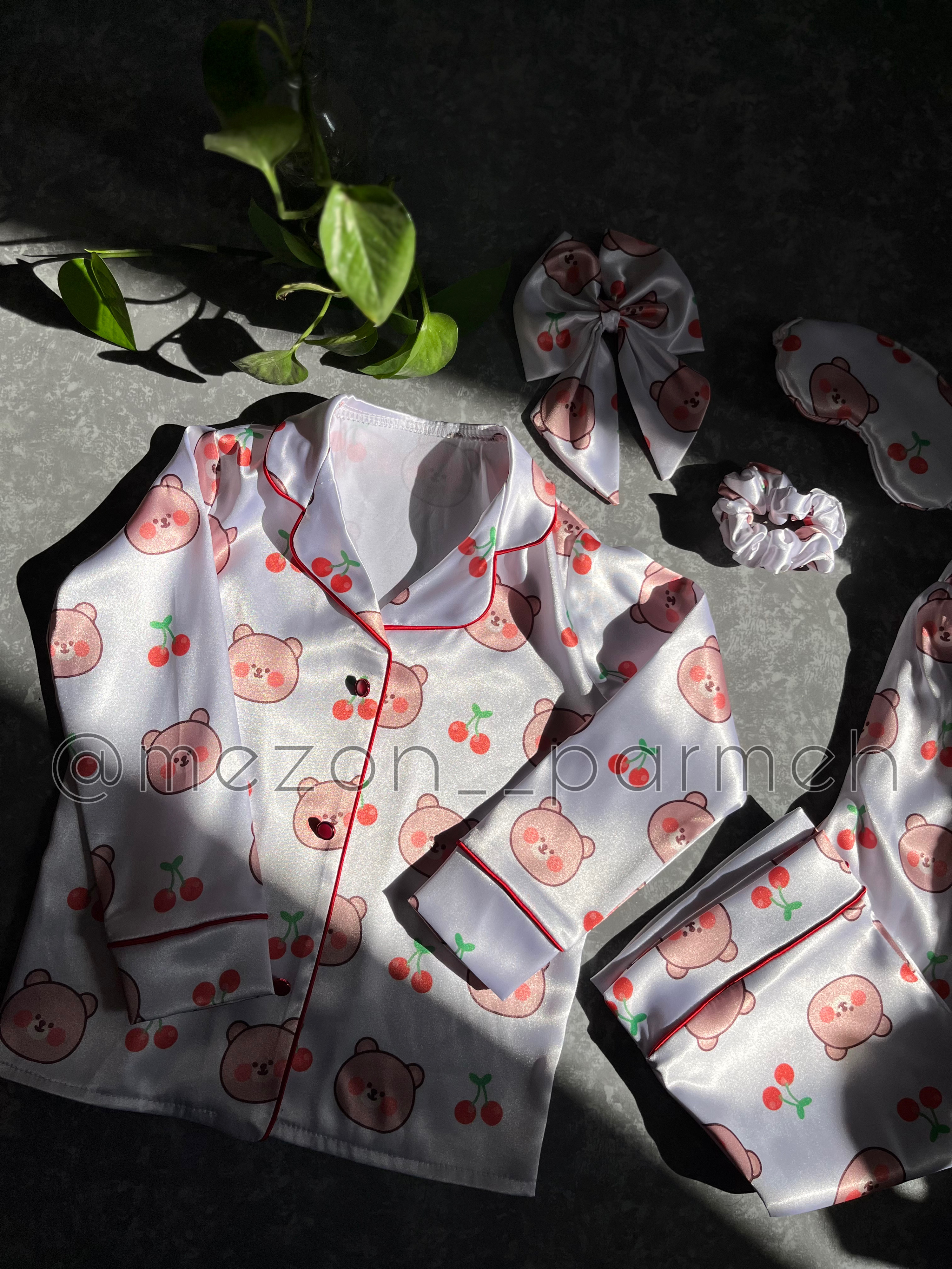 ست پیراهن و شلوار ساتنLx تدی و آلبالو پرمه